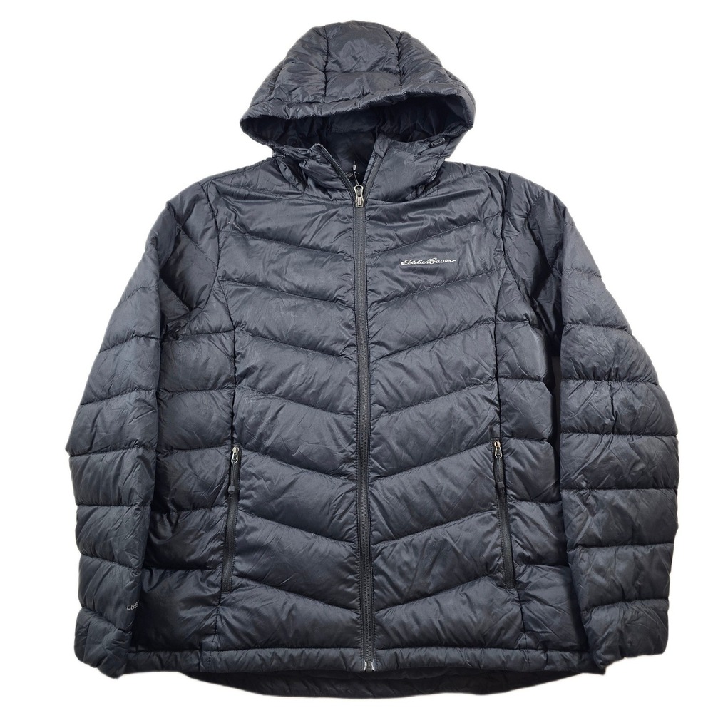 Eddie Bauer Down Puffer Jacket Womens Large Blue Hooded EB650 Winter Coat
